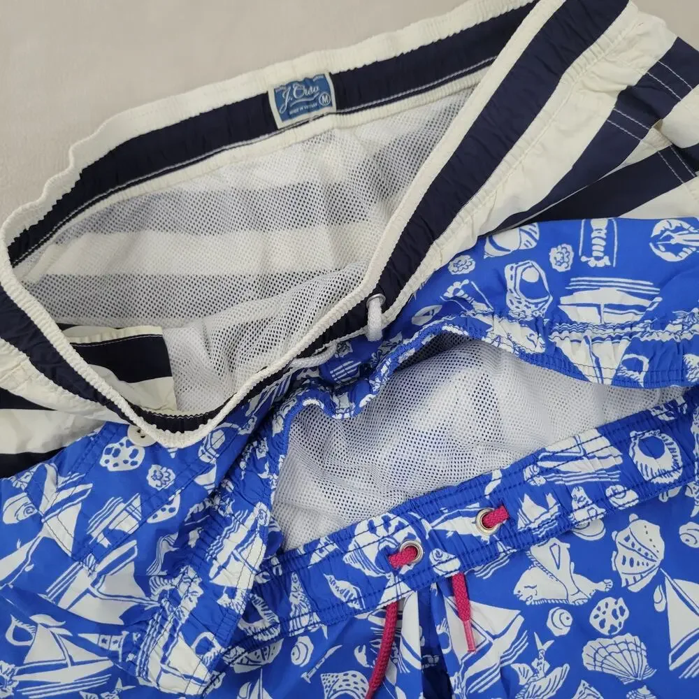 Lot (2) J Crew Swim Trunks Shorts Mens M Navy Blue Striped Mesh Lined Swimsuit